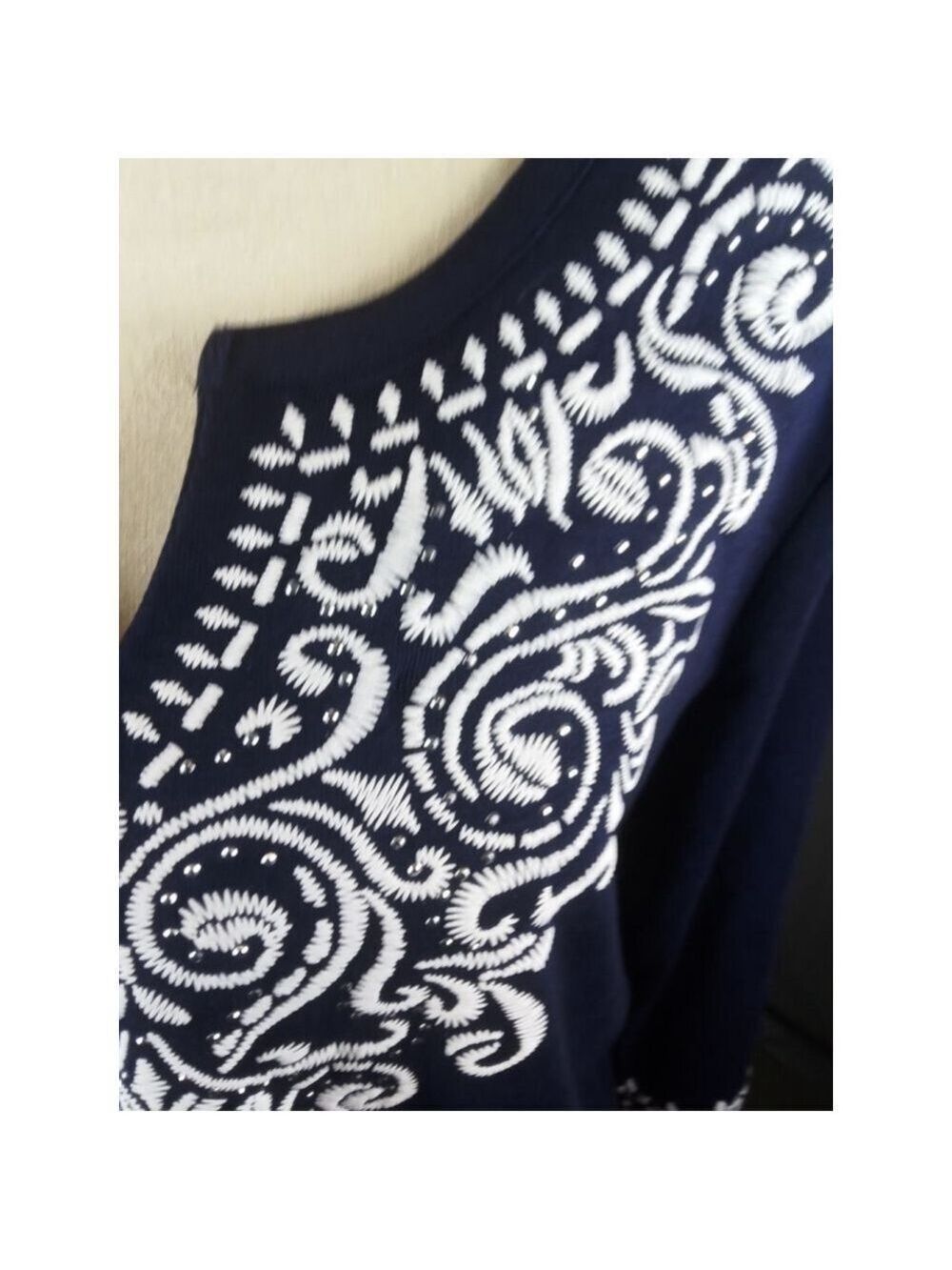 Women's Rebecca Malone Navy White Embroidered Tunic Top XL - Picture 4 of 5
